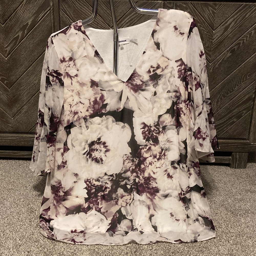 Calvin Klein Floral V-Neck Chiffon Blouse with flowing sleeves